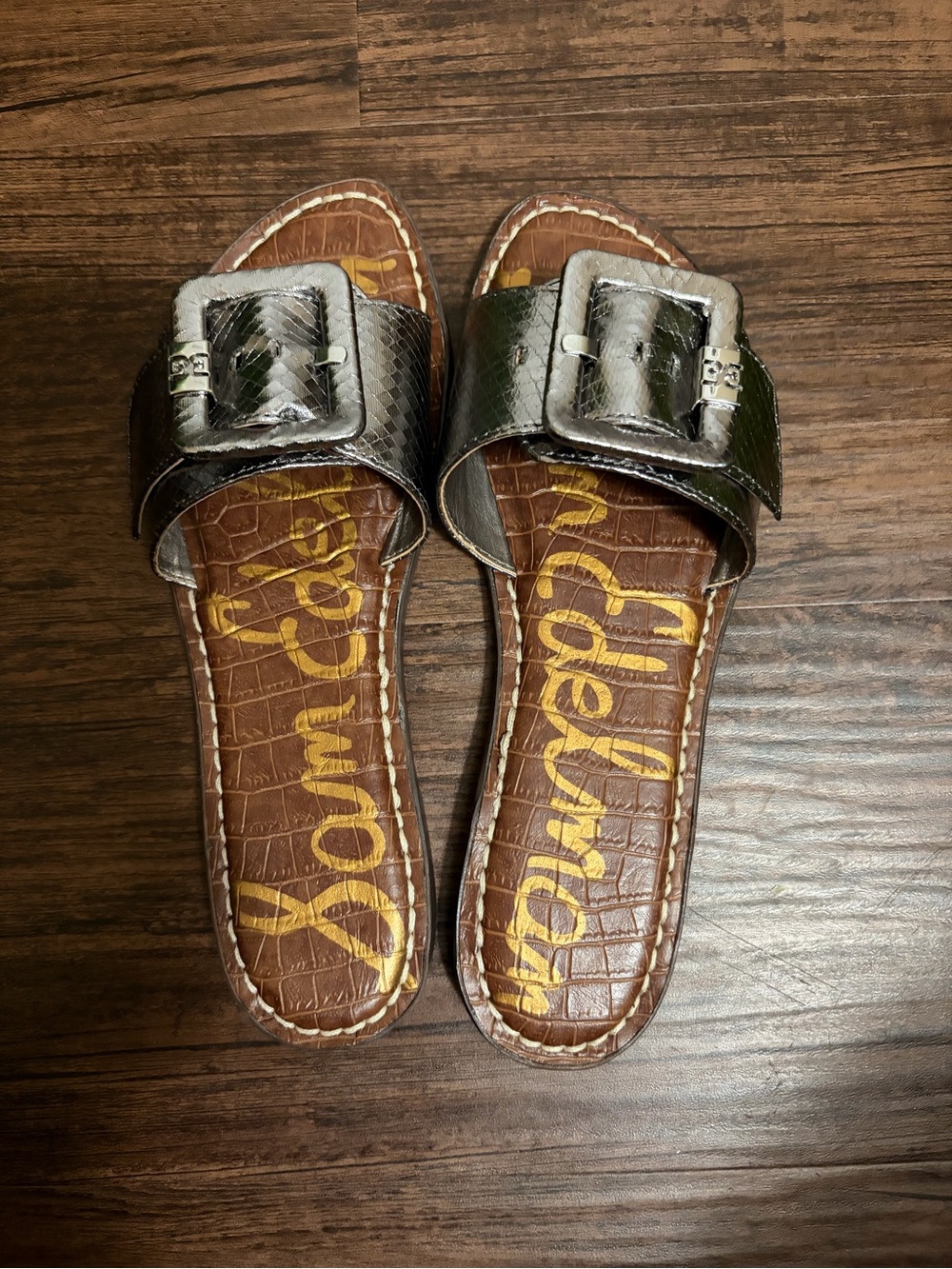 Sam Edelman Metallic Silver Buckle Slide Sandals
